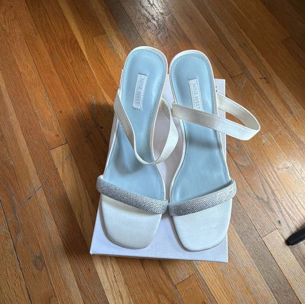 Nine West Women's Shimme Embellished Slingback Heel Sandals in Ivory Satin
